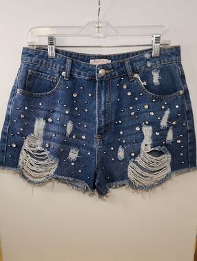 Mele E Pere Distressed Denim Shorts Studded Blue NWT Size Large
